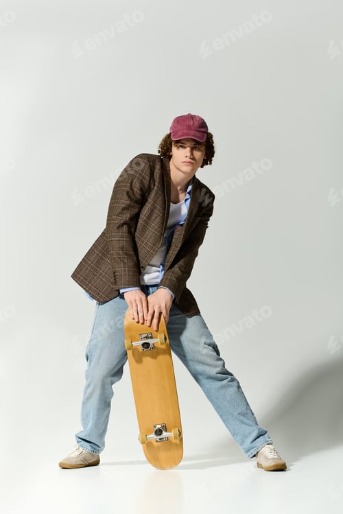 Preview: Stylish teenager poses with skateboard in trendy outfit, showcasing unique fashion sense