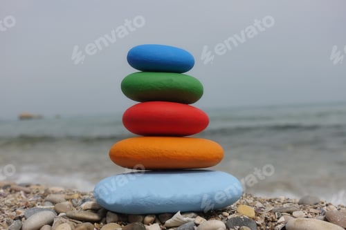 Preview: Stack of colored sea stones on a beach and sea background