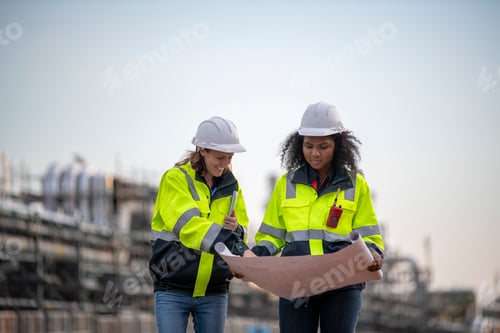 Preview: Engineers wearing safety gear, including hard hats examining survey a large blueprint tablet standin