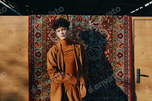 Preview: Young man in stylish outfit leaning against intricate patterned rug background
