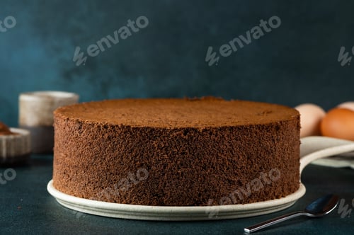 Preview: Homemade round chocolate sponge cake or chiffon cake. Sponge cake ingredients. Chocolate biscuit