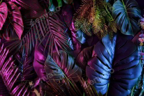 Preview: Tropical dark trend jungle in neon illuminated lighting. Exotic palms and plants in retro style.