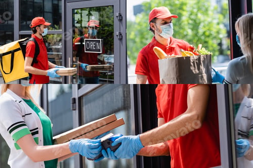 Preview: Collage of courier in medical mask holding pizza boxes and shopping bag while woman paying with