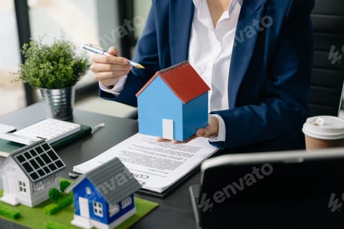 Real estate broker agent presenting and consult to customer to decision making sign insurance