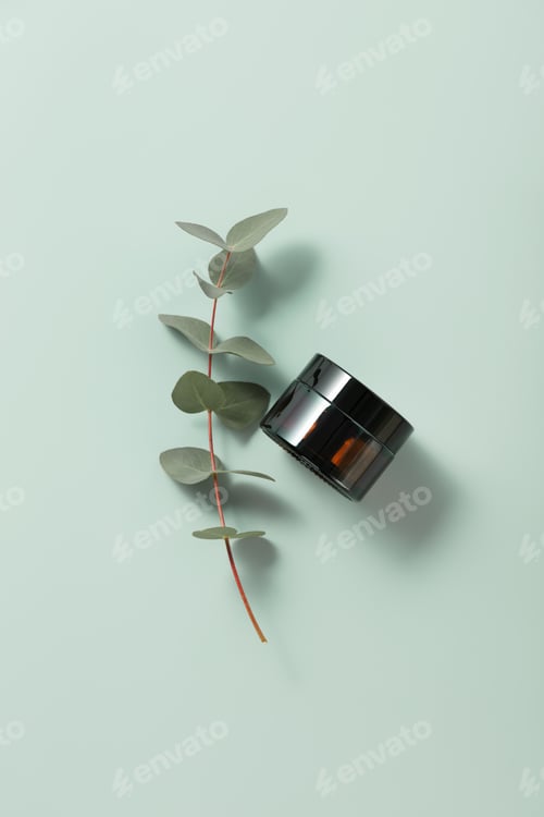 Preview: cosmetic skin care products and eucalyptus leaves