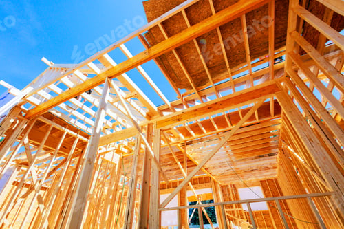 Preview: Construction in progress large construction site, showcasing wooden beams structure of a building