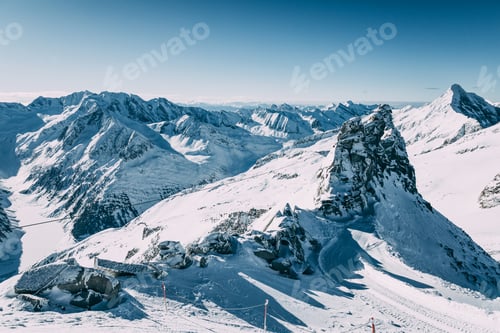 Preview: majestic winter landscape with snow-capped mountain peaks in mayrhofen ski area, austria