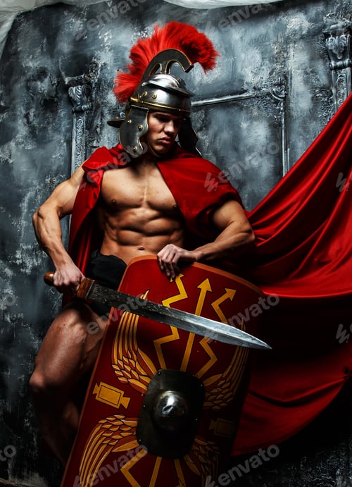 Preview: Muscular warrior holds shield and sword