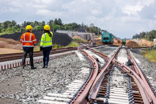 Vorschau: Zwei Eisenbahningenieure in reflektierenden Jacken laufen über neue Bahngleise, die sich im Bau befinden.