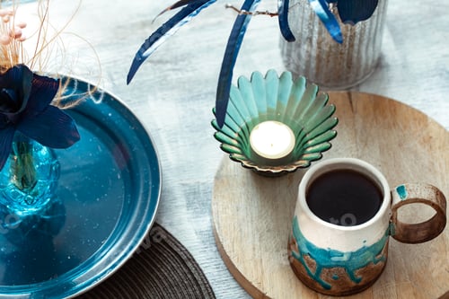 Preview: Beautiful Cup of tea on a light wooden table, top view.