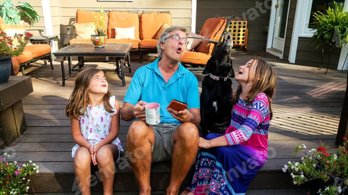 Preview: Family fun with grandparents and generation z kids howling with the cute dog on back deck.
