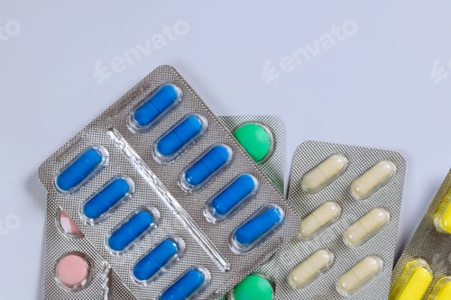 Preview: Assortment includes variety of pharmaceutical medicine blisters with colorful pills, tablets