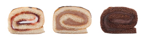 Preview: Set with different tasty cake rolls on white background. Banner design