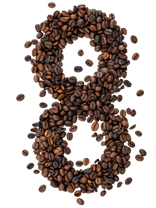Preview: Number 8 made from roasted coffee beans on white isolated background.