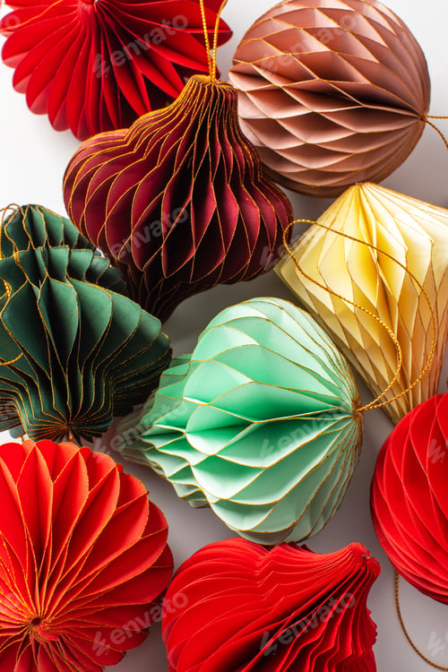 Preview: Bright paper Christmas tree decorations. Stylish Christmas decorations.