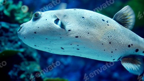 Preview: Macro shot of porcupine fish swimming in fishtank. Dangerous wild marine animal