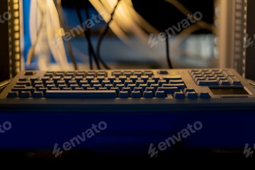 Preview: close-up keyboard in software system data center vulnerable cyber security server room technology