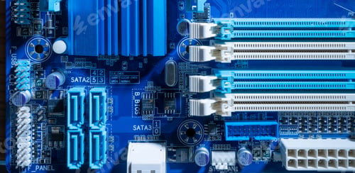 Preview: Electronic circuits in technology concept. Motherboard computer background. Microchip digital data