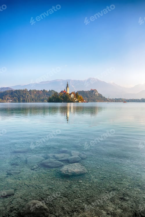 Preview: Gorgeous sunny day view of popular tourist destination Bled lake.