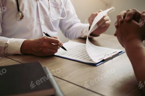 Vista previa: La mano del médico sostiene un bolígrafo, escribe la historia del paciente en el bloc de notas y habla con el paciente