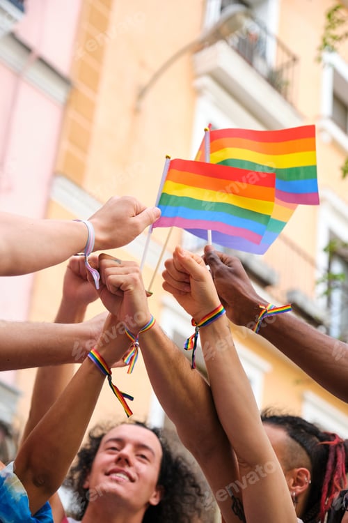 Preview: A group of people holding rainbow flags and bracelets