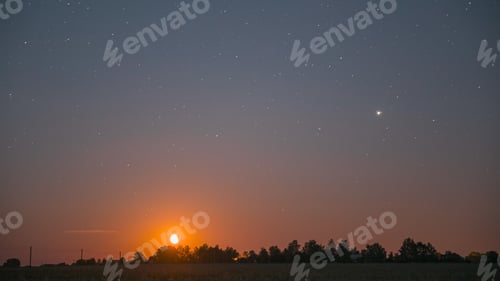 Preview: Moonrise Above Summer Filed. Night Countryside Summer Starry Night Sky landscape. Night Starry Sky