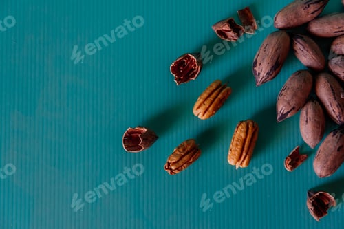 Preview: Closeup shot of whole and shelled pecans on a green surface
