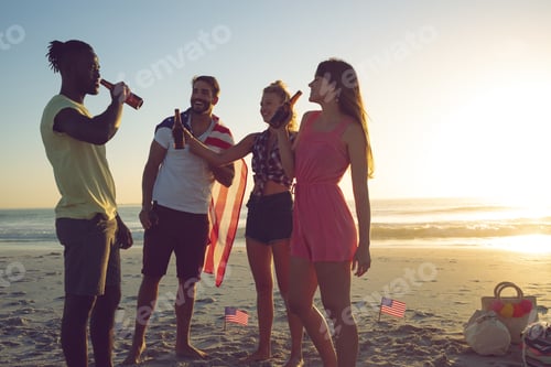 Preview: Side view of happy group of diverse friends drinking beer at beach during sunset