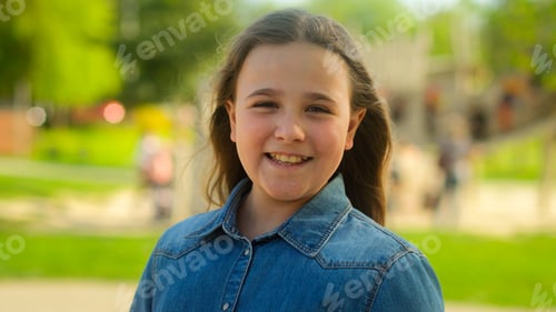 Preview: Portrait little kid Caucasian child happy positive emotion pretty schoolgirl teen pupil daughter