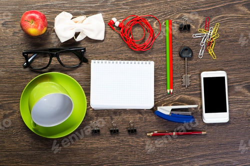 Preview: items laid on the table, still life