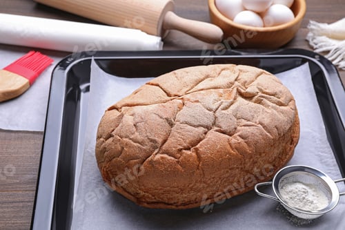 Preview: Baking pan with parchment paper and tasty homemade bread on wooden table