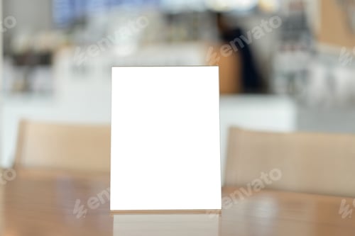 Preview: Menu frame with white blank screen on wooden table in restaurant or cafe on bokeh background