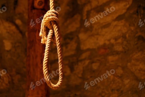 Preview: Noose in prison of old castle cellar and grunge stone wall