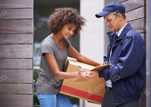 Preview: Delivering direct to your door. Shot of a courier making a delivery to a smiling customer.
