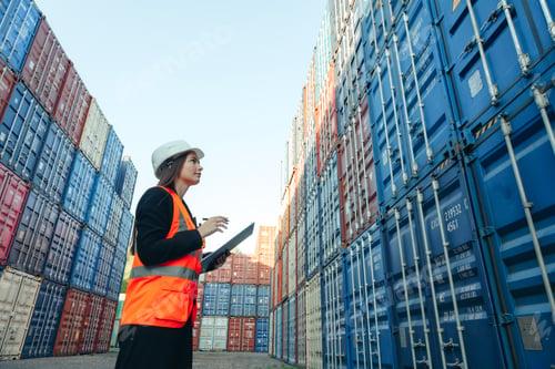 Preview: Woman engineer with Clip Folder in white helmet and vest working in container terminal port