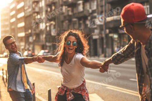 Preview: Group of friends hangout at the city street.