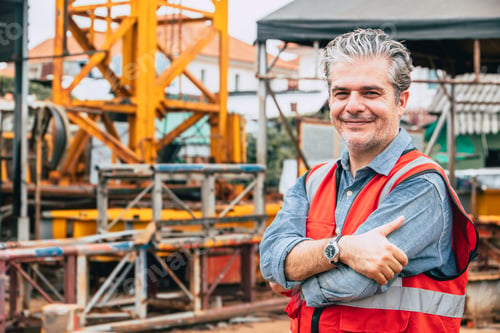 Preview: Smart Happy confident professional engineer male construction worker standing smile
