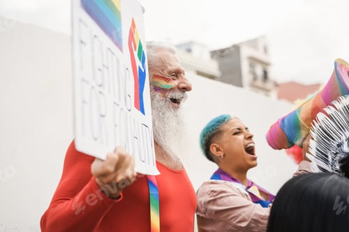 Preview: Gay people protest at lgbt pride event outdoor - Focus on hipster senior man face