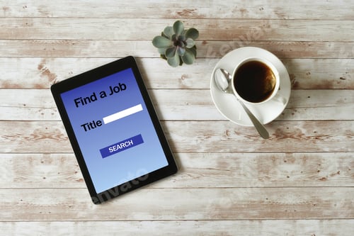 Preview: Tablet on desk with Job Search screen. Find a Job online search. Hiring minimal overhead high angle