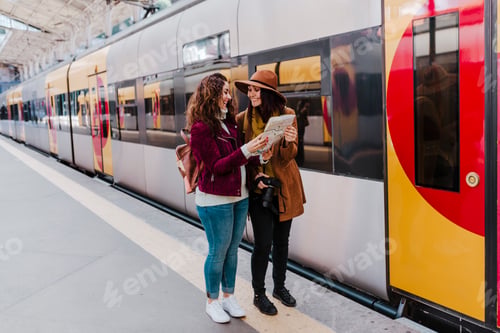Preview: two women at train station waiting to take a train and travel. Reading a map.Tourism and lifestyle