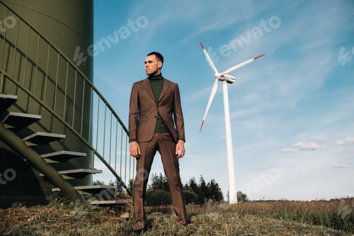 Preview: A man in a business suit with a green Golf shirt stands next to a windmill against the background of