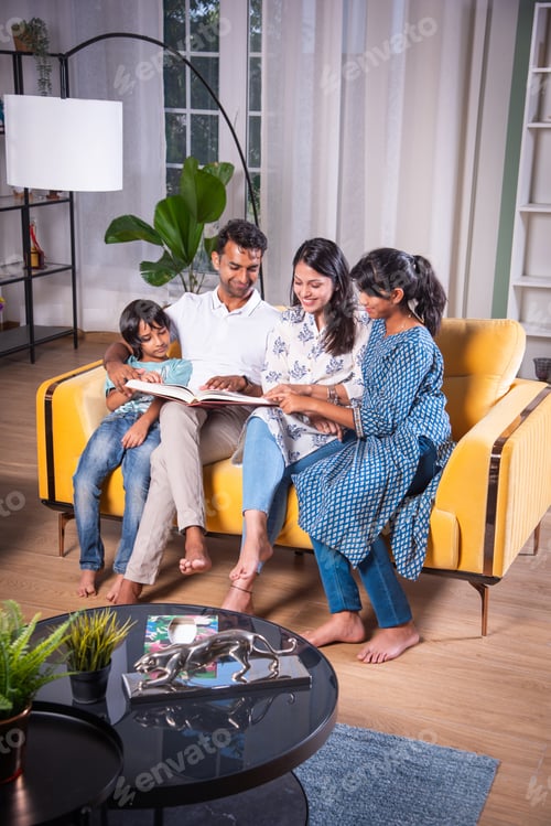 Preview: Indian asian young family reading book or looking at photo in album at home