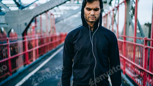 Preview: Young bodybuilder ready for cardio abs training at urban setting of modernized city
