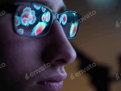 Preview: Closeup of a person with vibrant reflections in their glasses.