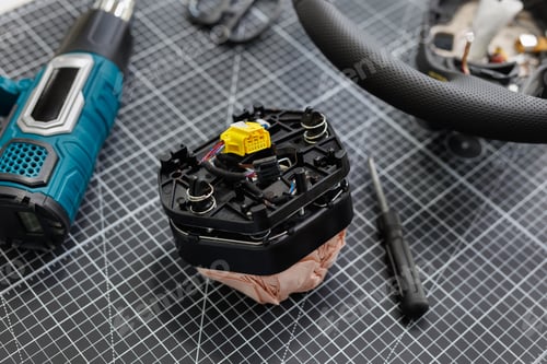 Preview: Repair of a leather car steering wheel in an auto repair shop on the table. Car Airbag.