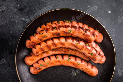 Preview: Gourmet grilled sausages (frankfurters/wieners) with mustard sauce and fresh thyme