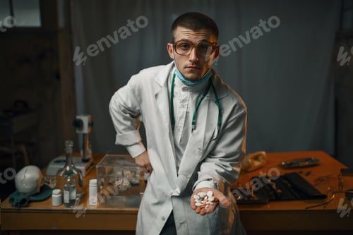 Preview: Male psychiatrist in lab coat shows sedative pills