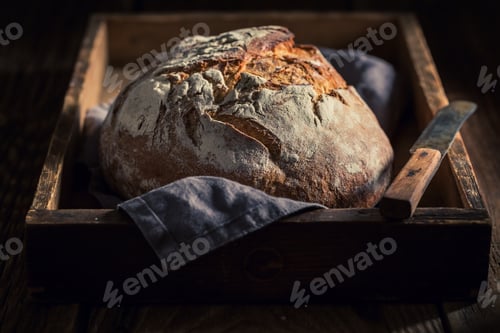 Preview: Big loaf of bread on dark and rustic table