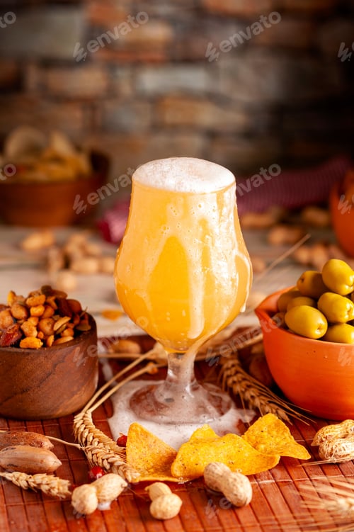 Preview: Glass of blonde beer with foam falling with peanuts and green olives and snacks