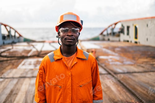 Preview: Tired Seaman AB or Bosun on deck of vessel or ship
